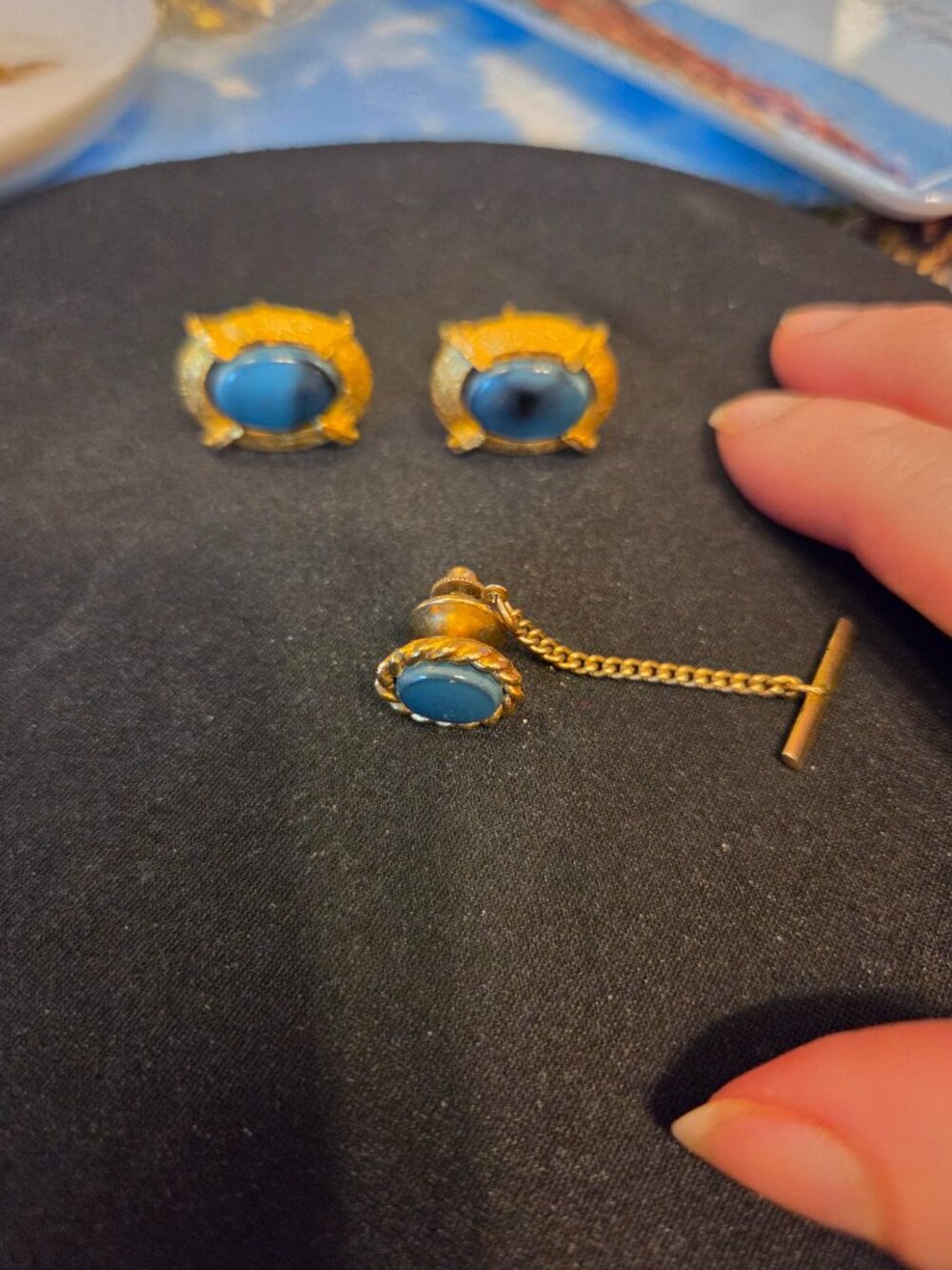 Vintage Tie Tack And Cufflinks set Blue color~~AWESOME!!!